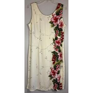 Jade Fashions Hawaii Tropical Hibiscus Floral Rayon Shift Dress Cream M 0358